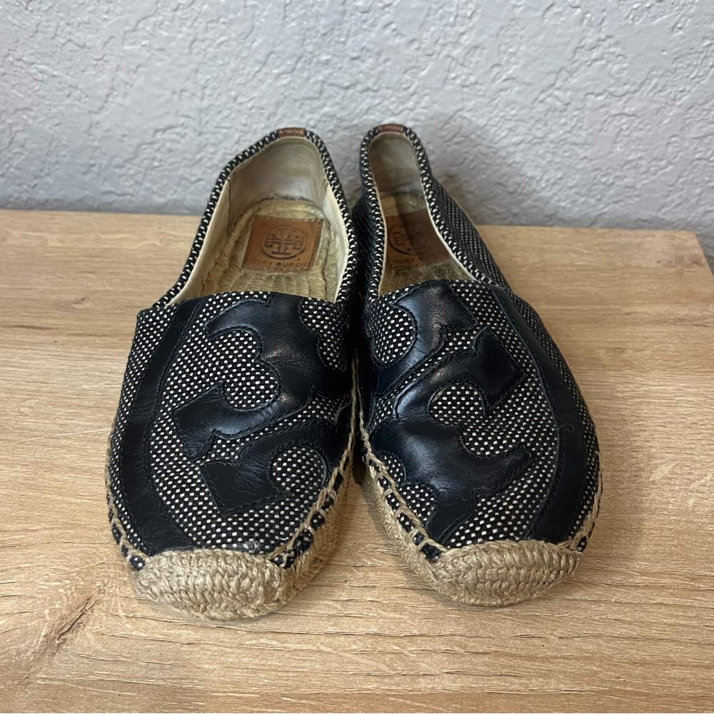 Tory Burch Espadrille Flats Black Leather Women's Size 5M - Picture 5 of 6
